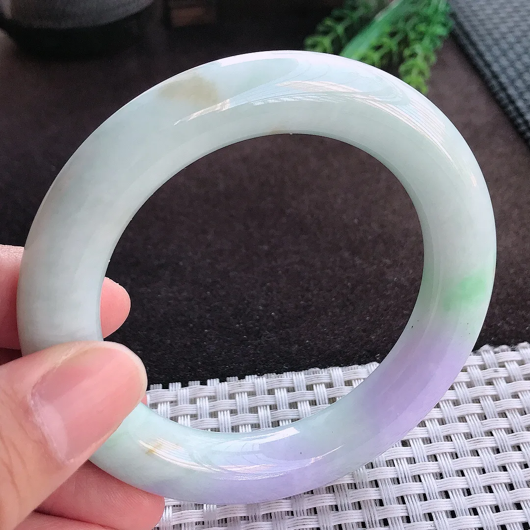 天然A货翡翠57/12.4老坑精美温润紫罗兰胖圆条手镯玉手镯