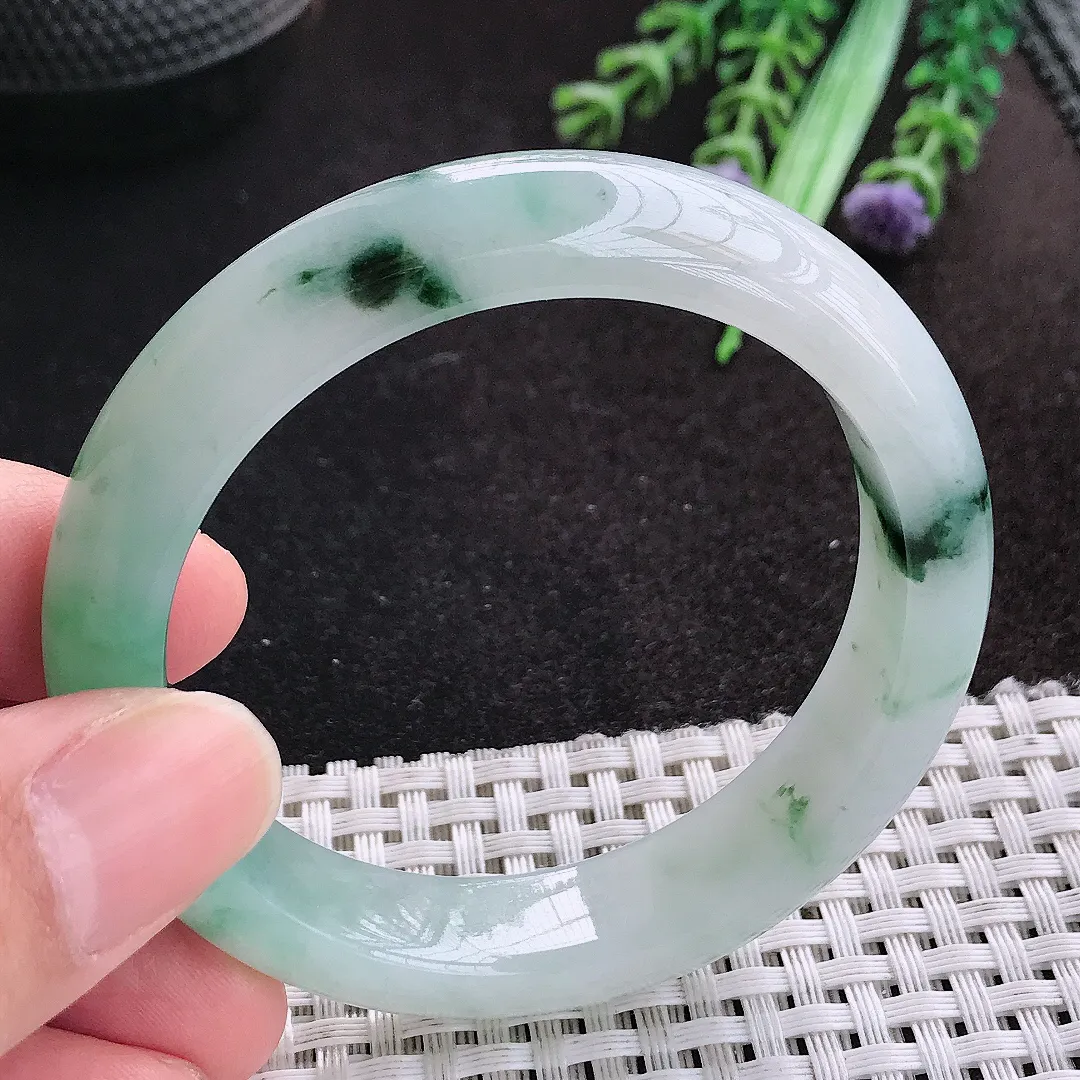 天然A货翡翠52/12.3/8.2老坑冰胶果冻冰飘花手镯宽边玉手镯