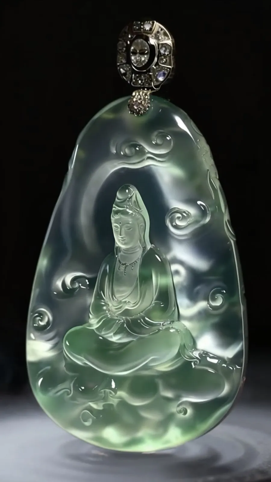 【观自在】，观音菩萨，
臻奇玉雕艺术。
玻璃种翡翠稀有料子。
作品裸石61.5-39.5-9mm，
18K金，南非钻，39.03g，