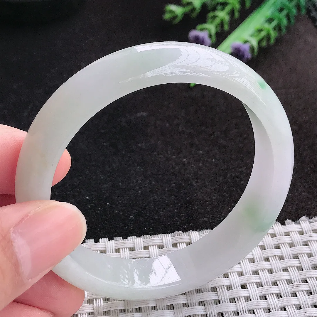 天然A货翡翠54.5/12.9/7.3老坑秀气冰润飘花手镯宽边玉手镯