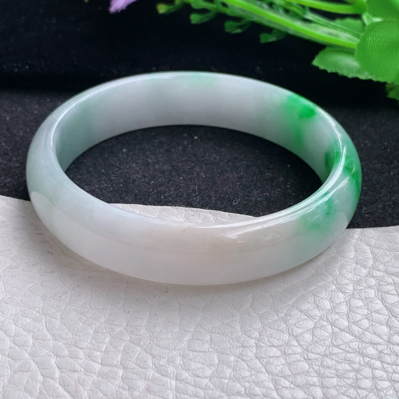 yh自然光58*13.8*6.3平安镯 缅甸翡翠a货玉手镯飘阳绿宽边玉手环