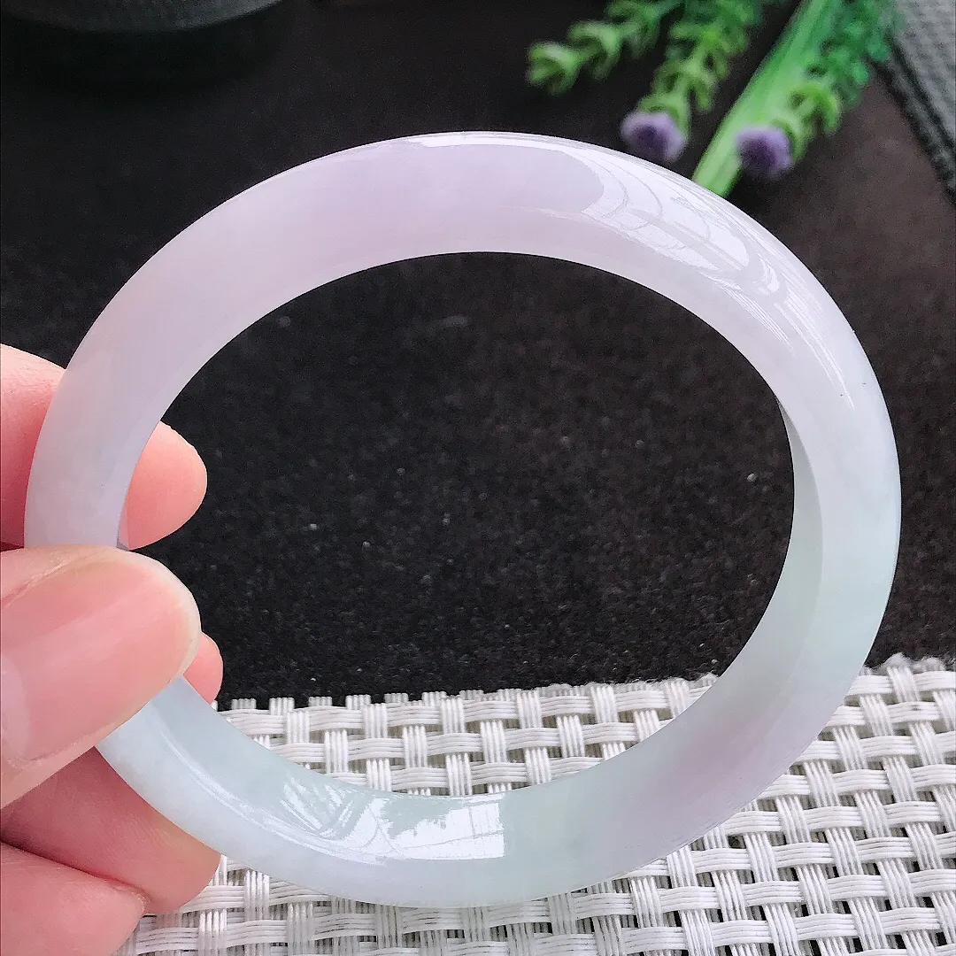 天然A货翡翠59/11.7/8老坑冰纯果冻胶淡雅紫罗兰手镯宽边玉手镯