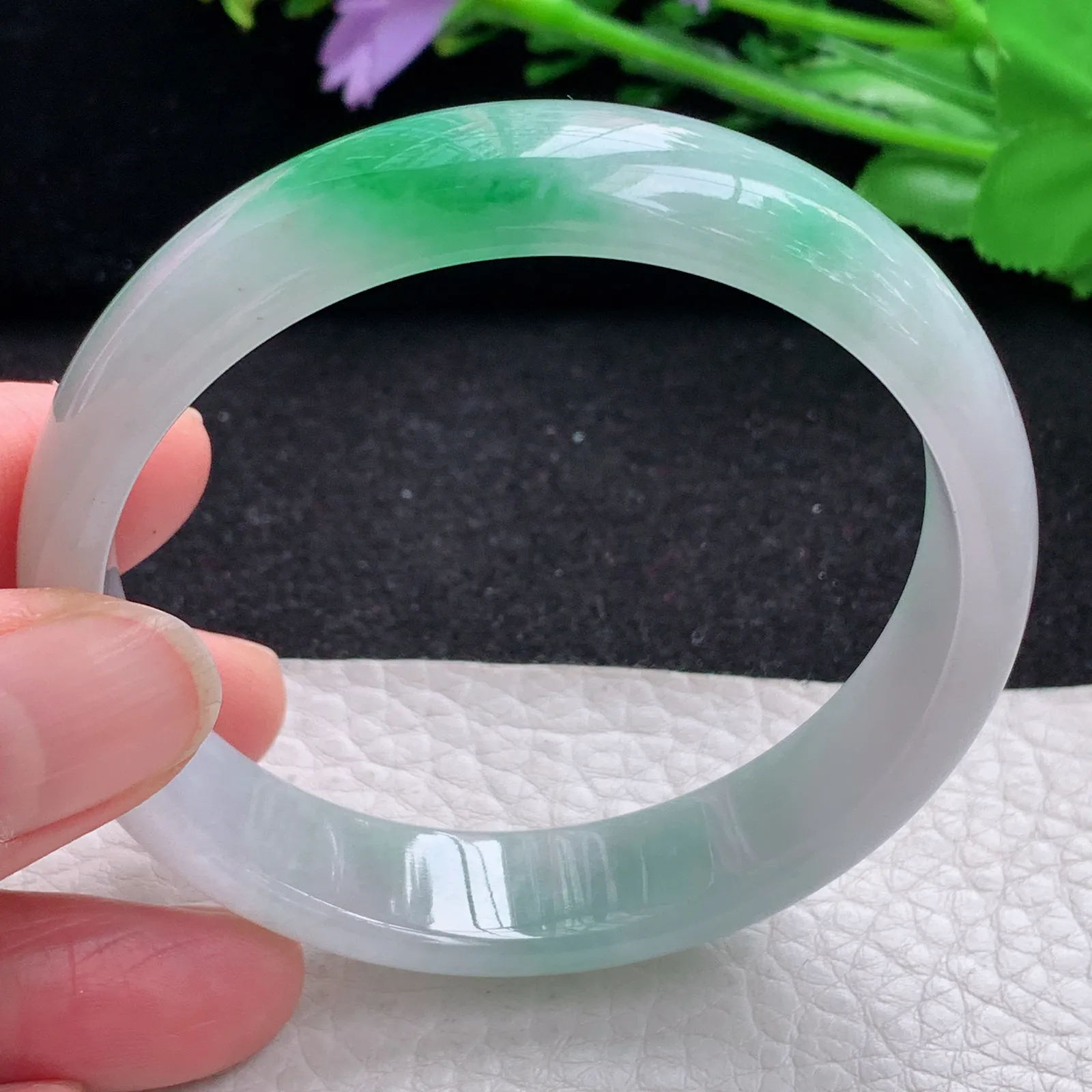 yh自然光58*13.8*6.3平安镯 缅甸翡翠a货玉手镯飘阳绿宽边玉手环