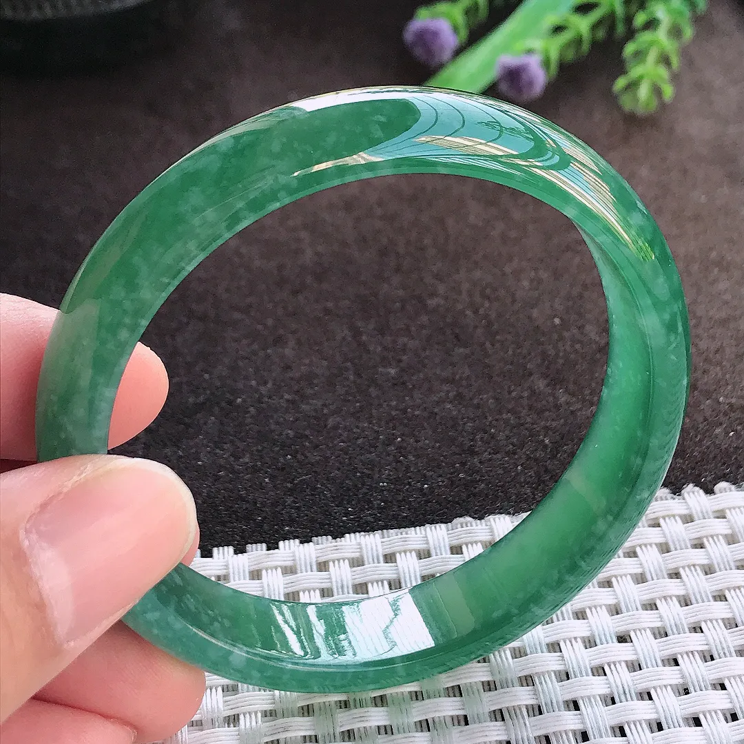 天然A货翡翠55.5/12.3/6.2老坑冰胶满色蓝韵手镯宽边玉手镯