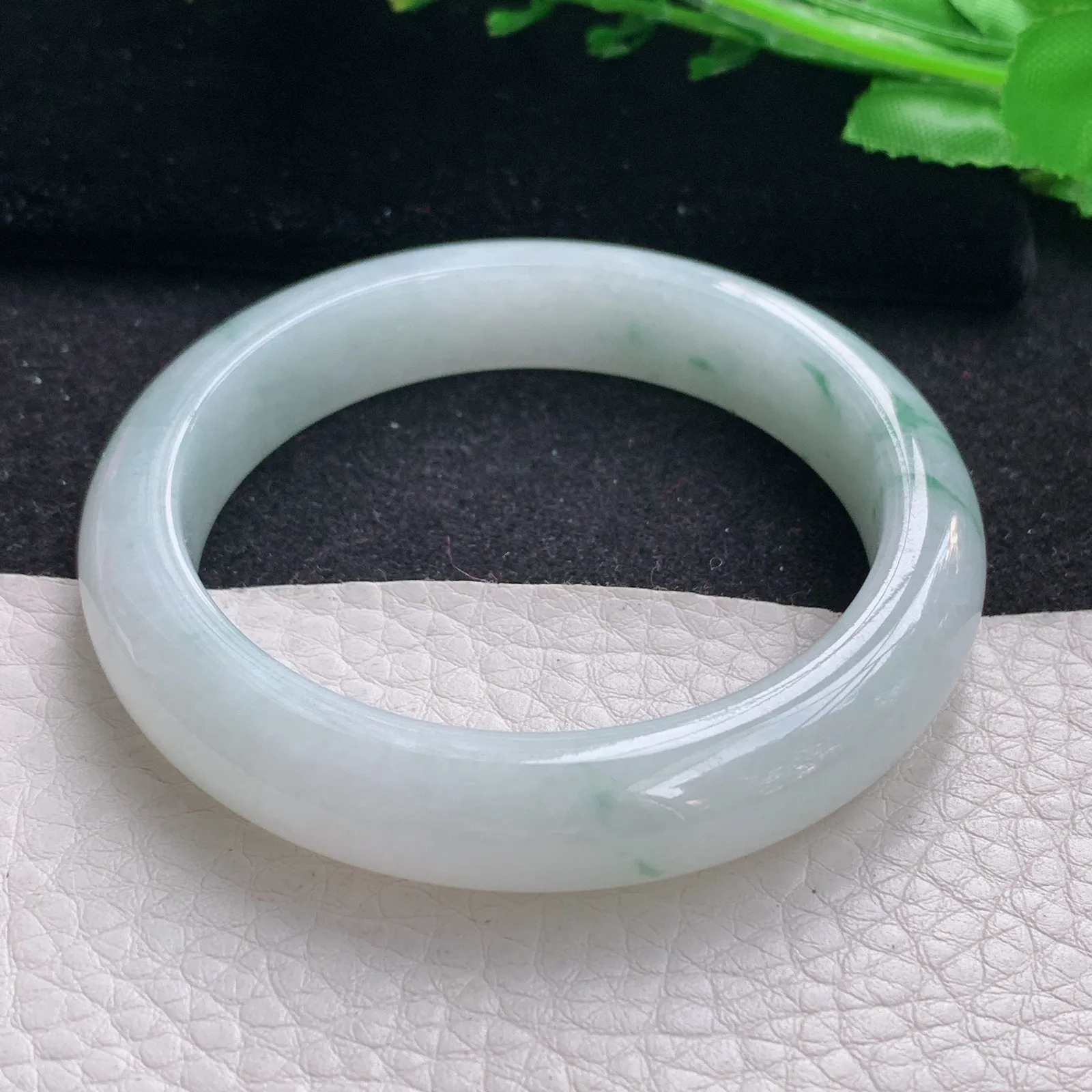 hf自然光53.5*11.3*8.5平安镯 缅甸翡翠a货玉手镯冰飘花清爽宽边玉手环