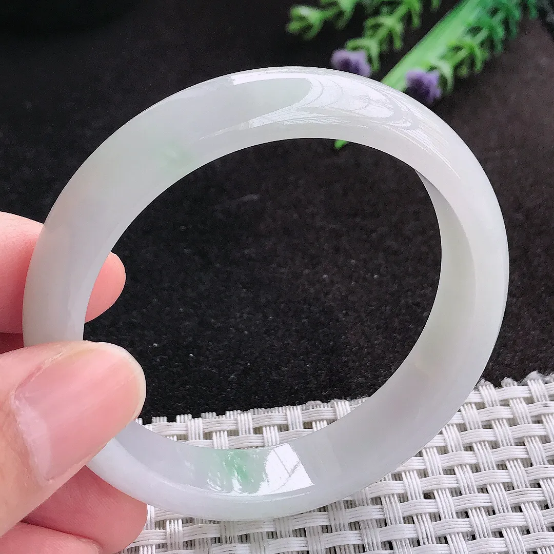 天然A货翡翠54.5/12.9/7.3老坑秀气冰润飘花手镯宽边玉手镯