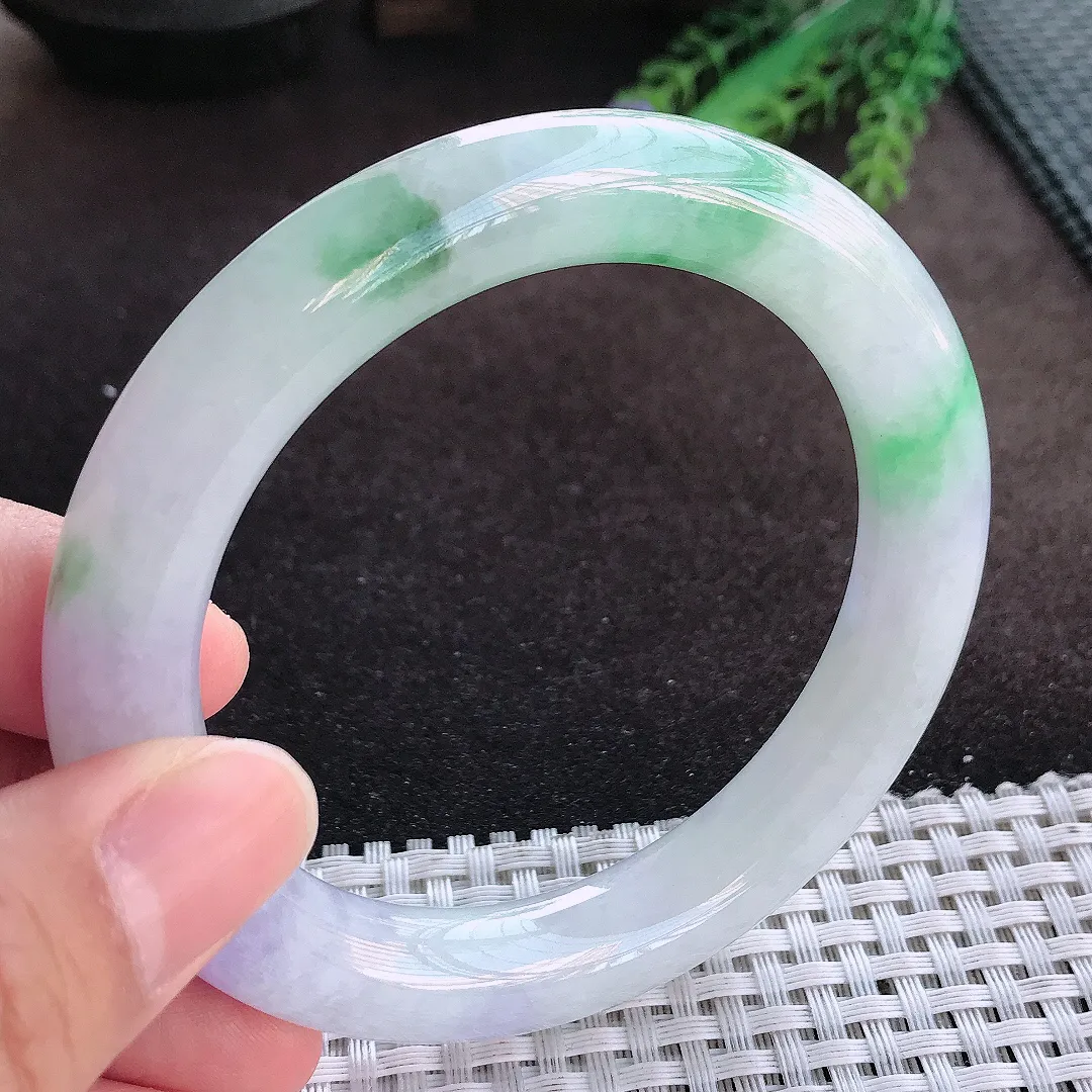 天然A货翡翠58/10.9/10.7老坑精美冰润春带彩圆条手镯玉手镯