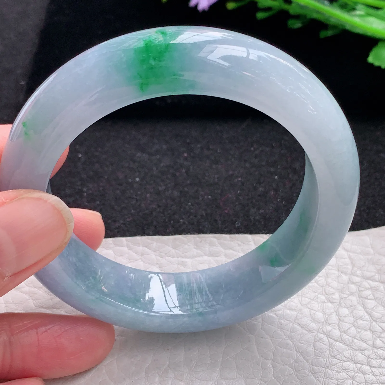z自然光54.5*15*9.5轮胎镯 缅甸翡翠a货玉手镯春带彩水润宽边玉手环