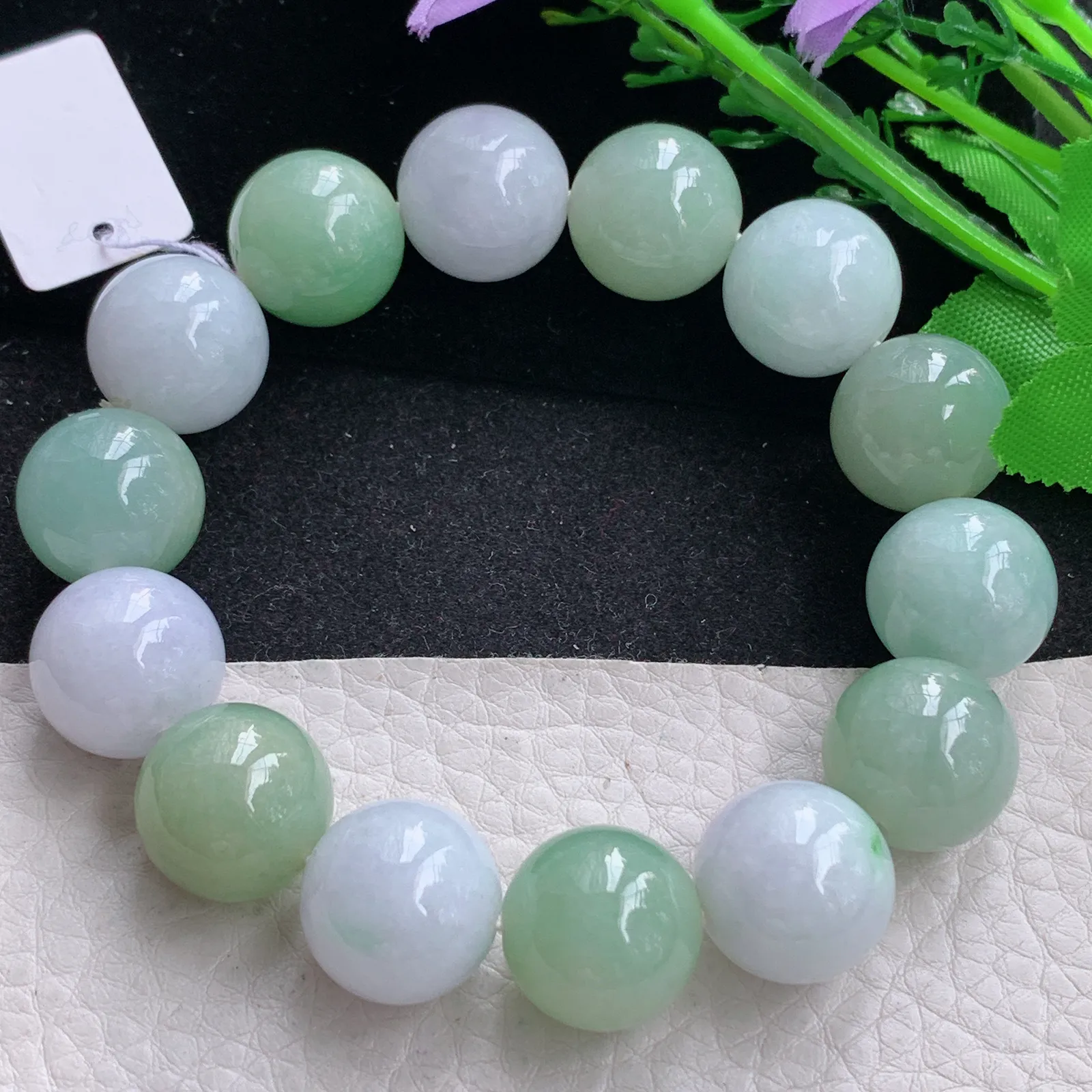 ss自然光15.4mm天然缅甸翡翠双彩大颗粒15.4mm圆珠玉手链  玉手串 14颗