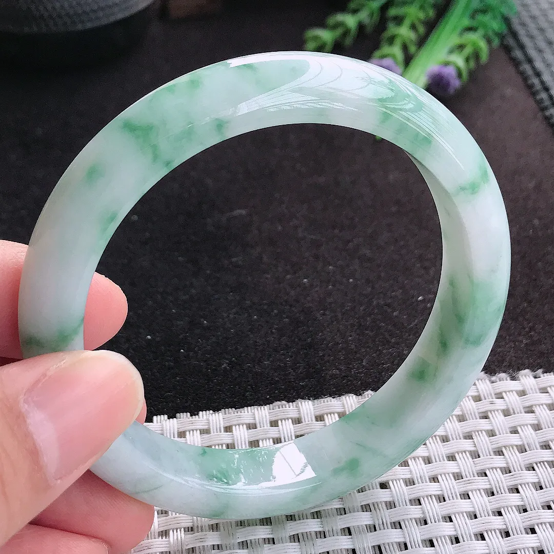 天然A货翡翠58.8/12.5/8.5老坑冰润水灵飘花手镯宽边玉手镯