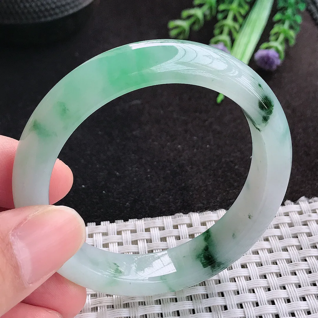 天然A货翡翠52/12.3/8.2老坑冰胶果冻冰飘花手镯宽边玉手镯