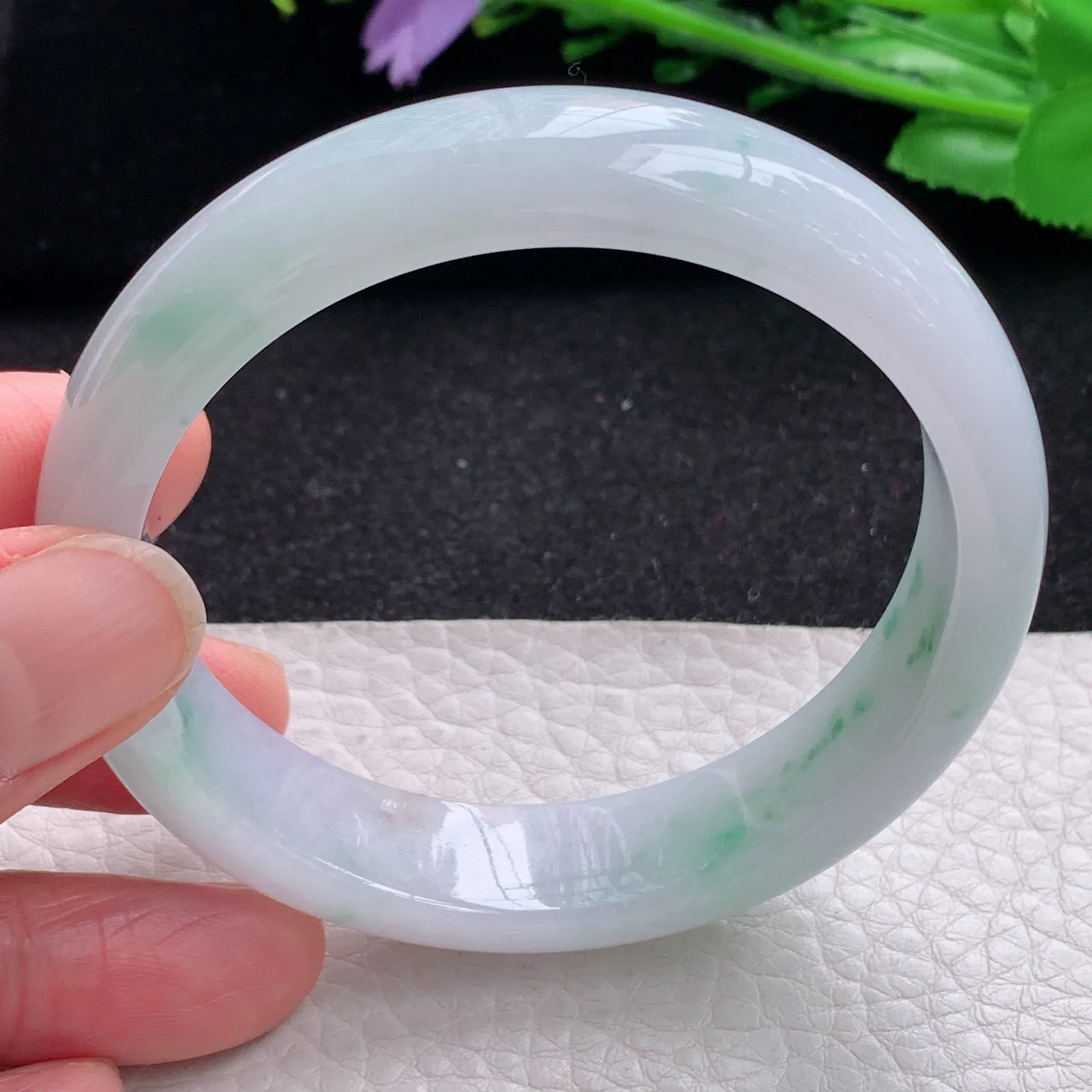 yh自然光56.5*13.3*7.2平安镯 缅甸翡翠a货玉手镯冰飘花宽边玉手环