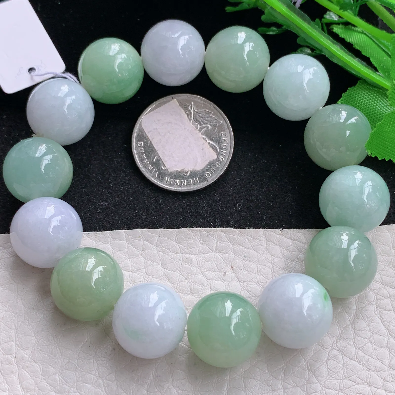 ss自然光15.4mm天然缅甸翡翠双彩大颗粒15.4mm圆珠玉手链  玉手串 14颗