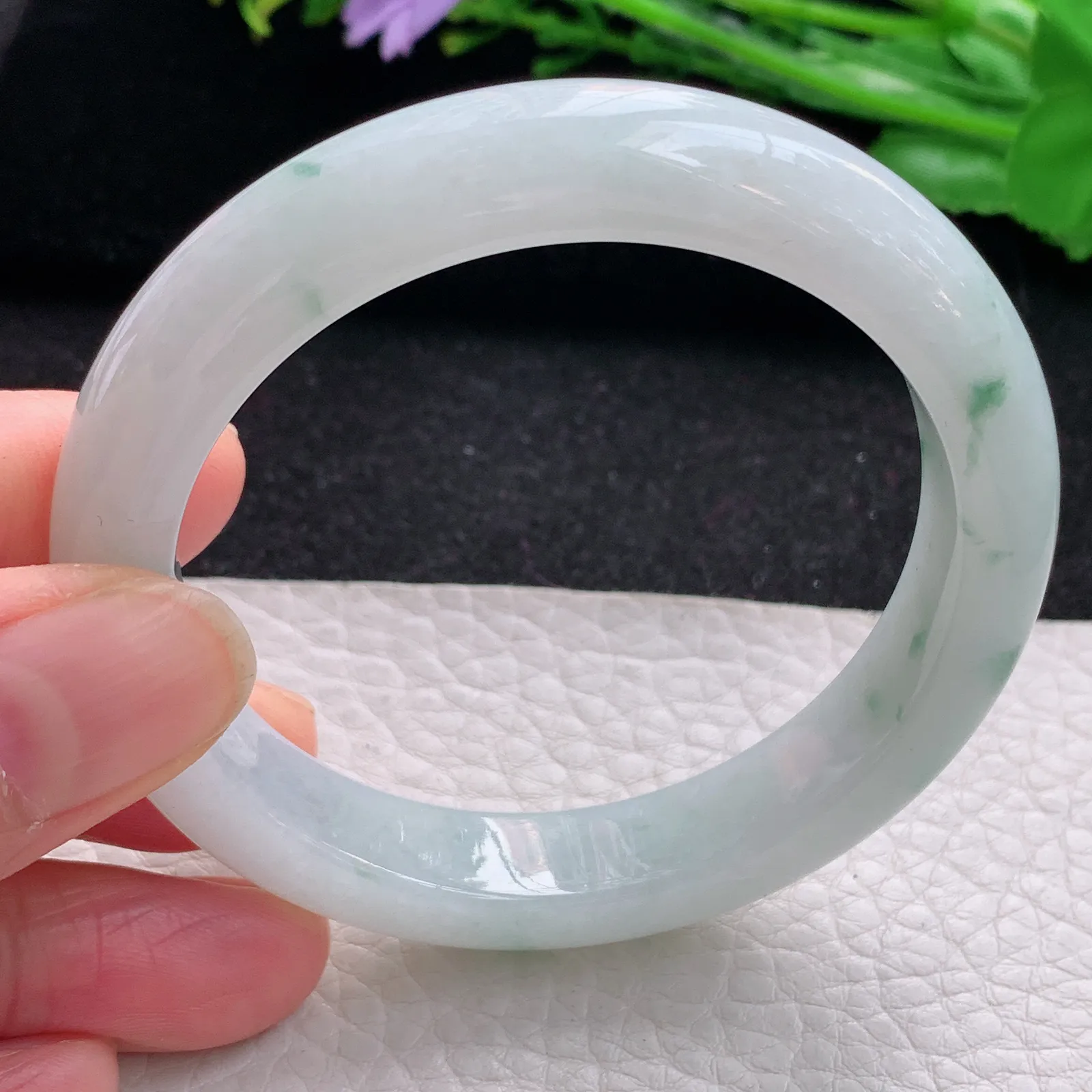 hf自然光53.5*11.3*8.5平安镯 缅甸翡翠a货玉手镯冰飘花清爽宽边玉手环