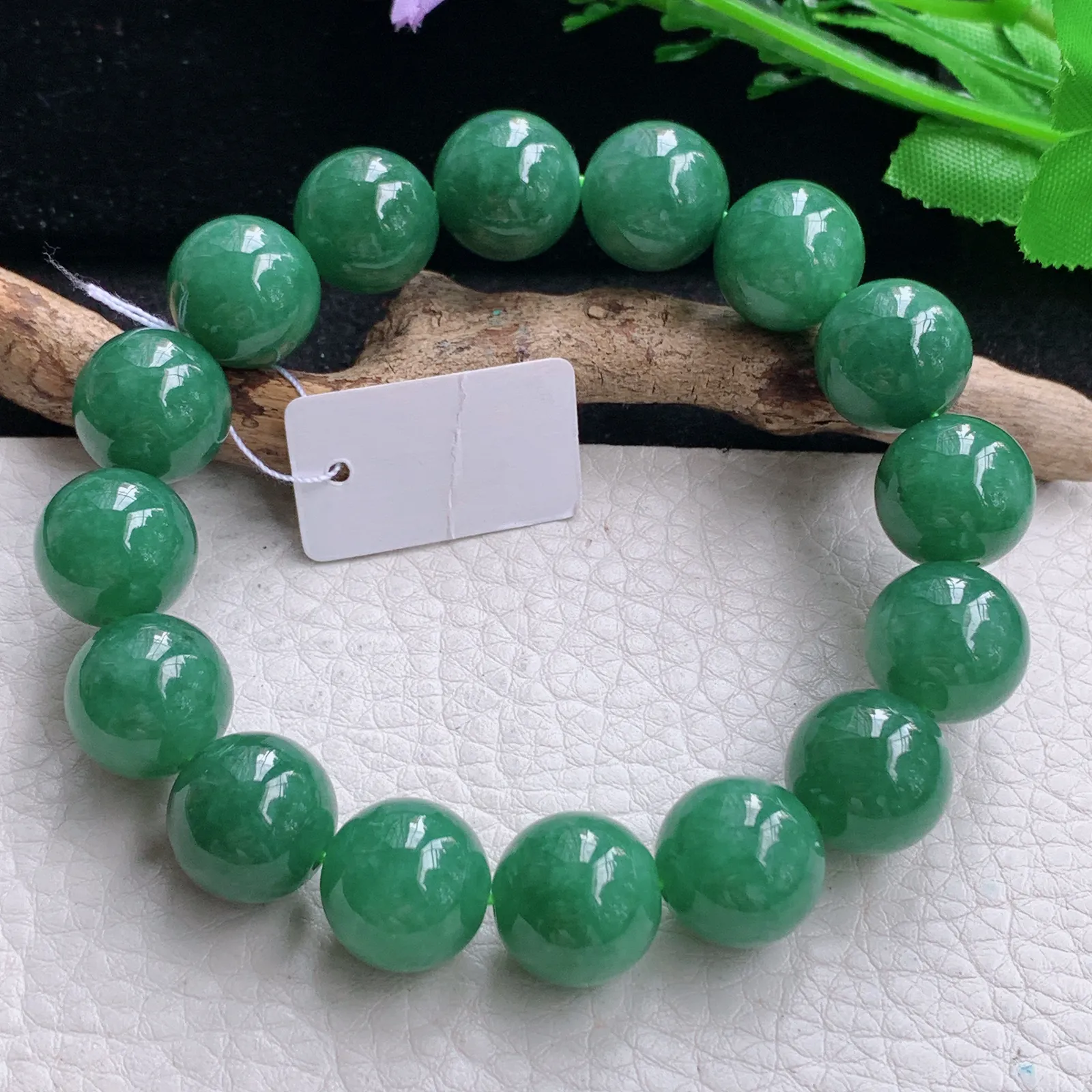 ss自然光14mm天然缅甸翡翠a货满绿水润圆珠玉手链  玉手串 16颗