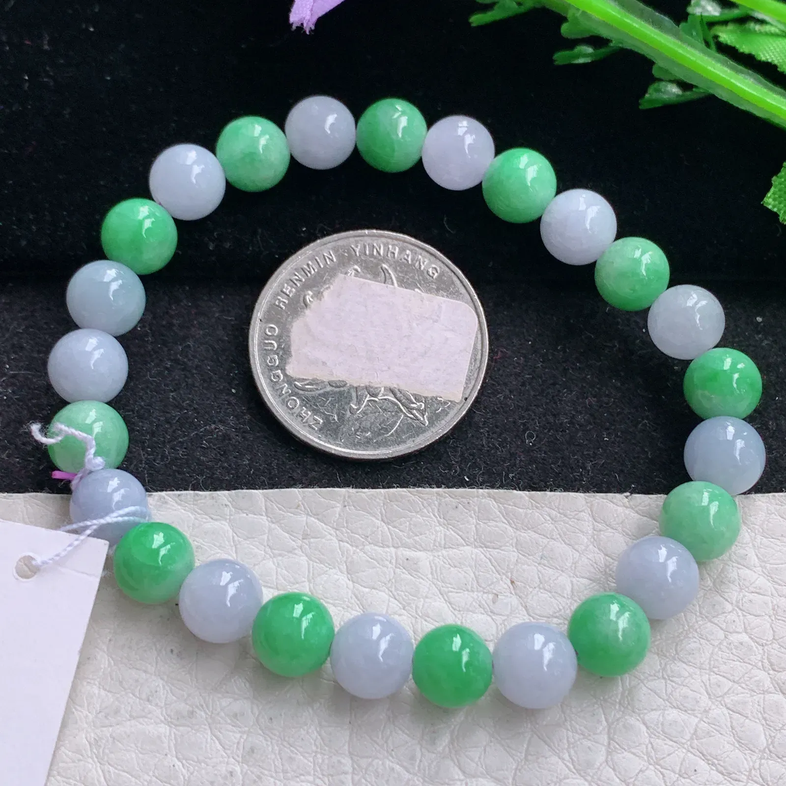 ss自然光7.7mm天然缅甸翡翠a货紫加绿别致圆珠玉手链  玉手串 25颗