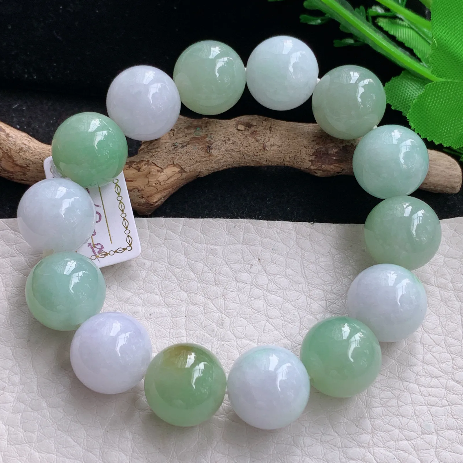 ss自然光15.4mm天然缅甸翡翠双彩大颗粒15.4mm圆珠玉手链  玉手串 14颗