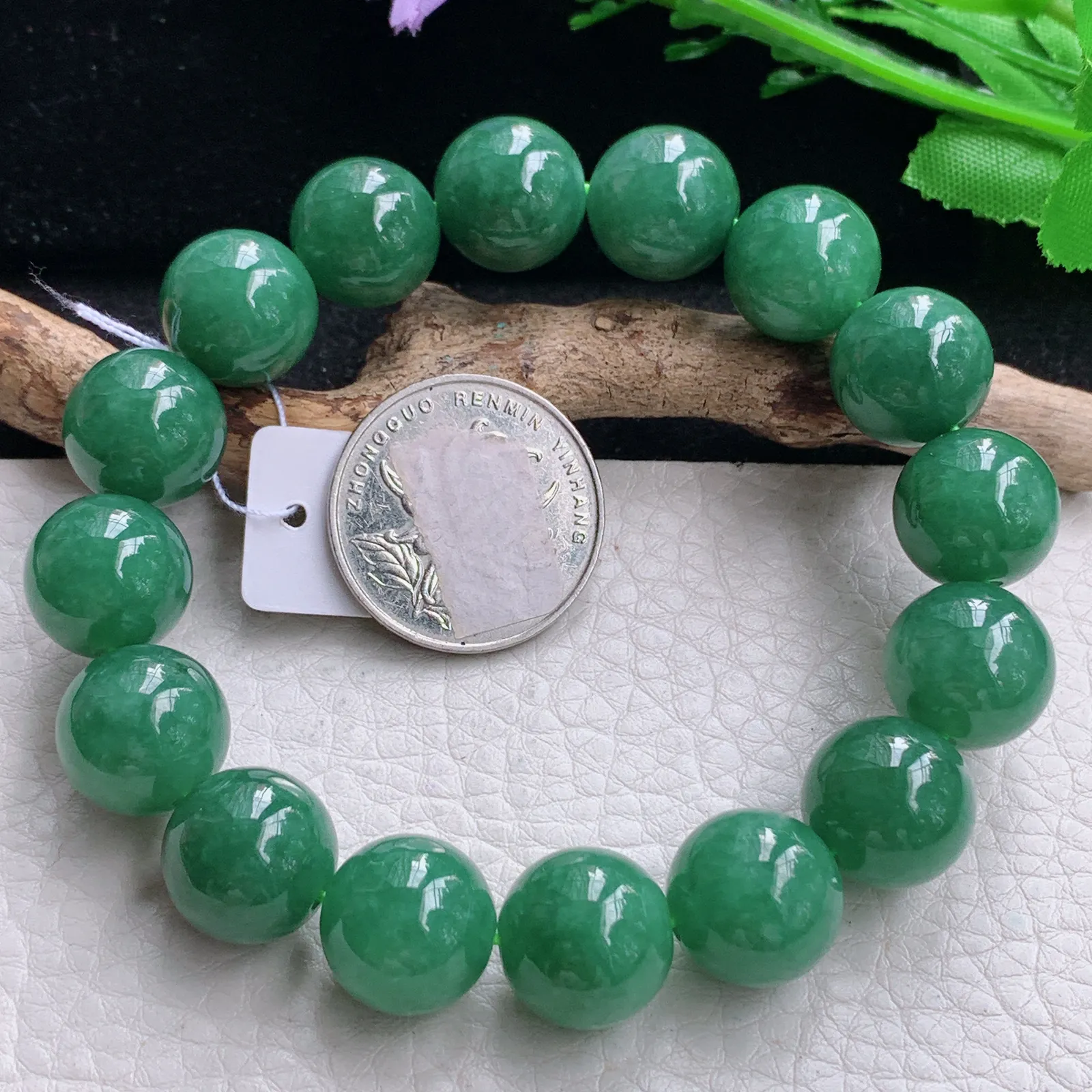 ss自然光14mm天然缅甸翡翠a货满绿水润圆珠玉手链  玉手串 16颗