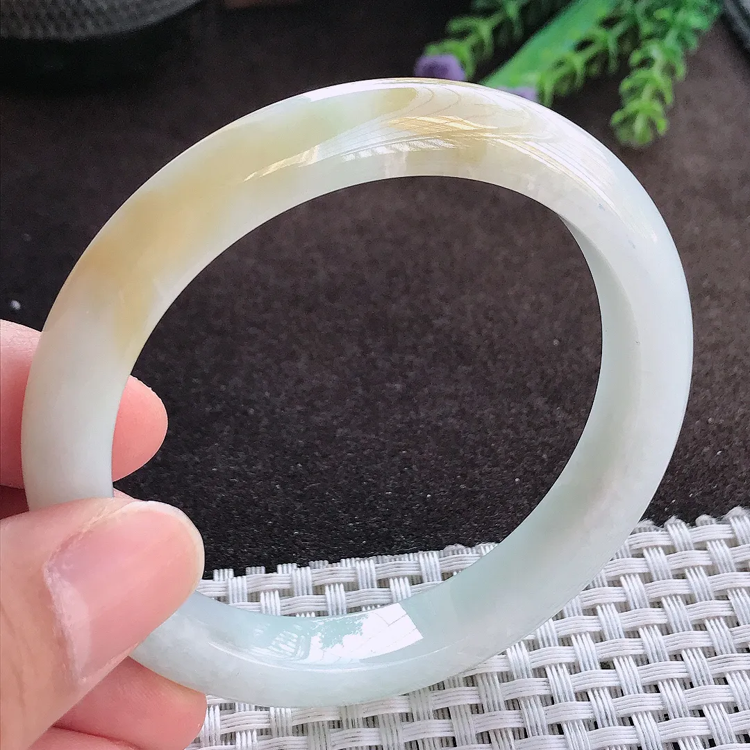 天然A货翡翠57/10.3/8.2老坑冰润特色飘黄翡手镯宽边玉手镯