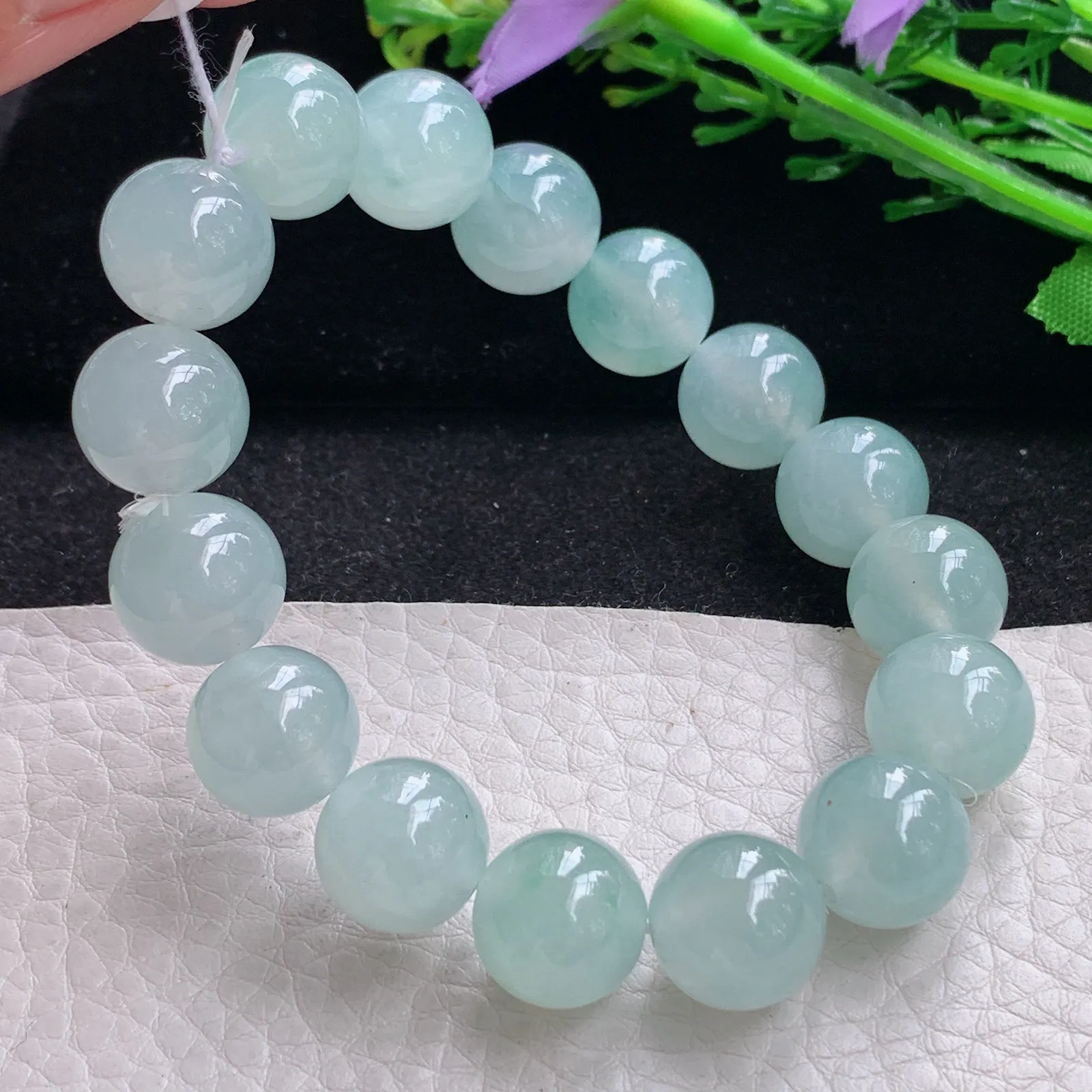 ss自然光12.6mm天然缅甸翡翠冰透晴水圆珠玉手链  玉手串 16颗