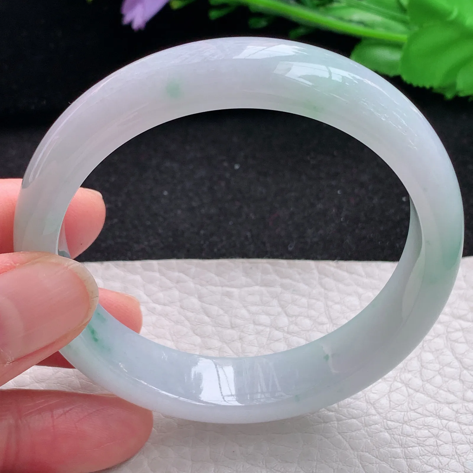 yh自然光56.5*13.3*7.2平安镯 缅甸翡翠a货玉手镯冰飘花宽边玉手环