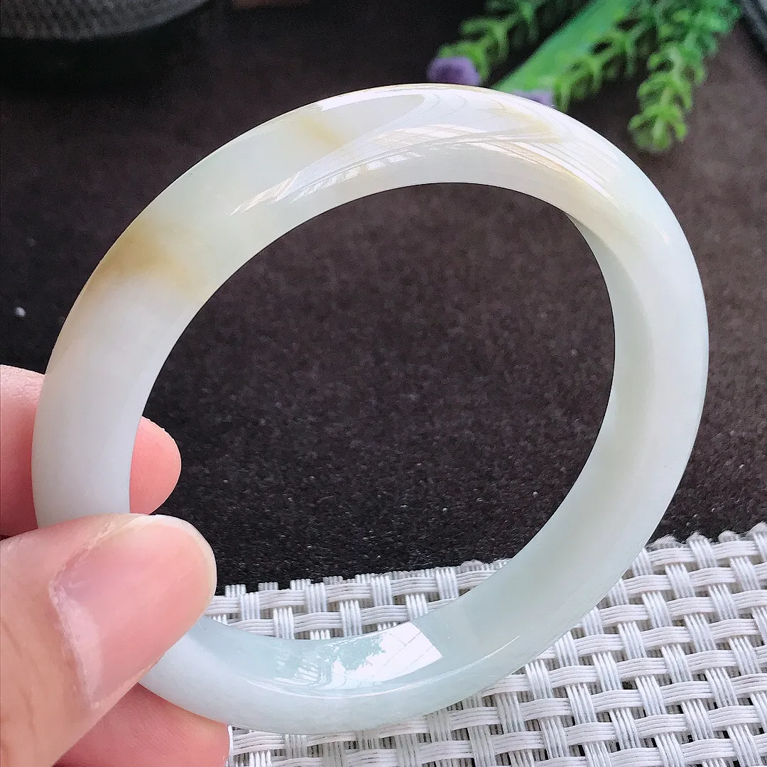 天然A货翡翠57/10.3/8.2老坑冰润特色飘黄翡手镯宽边玉手镯