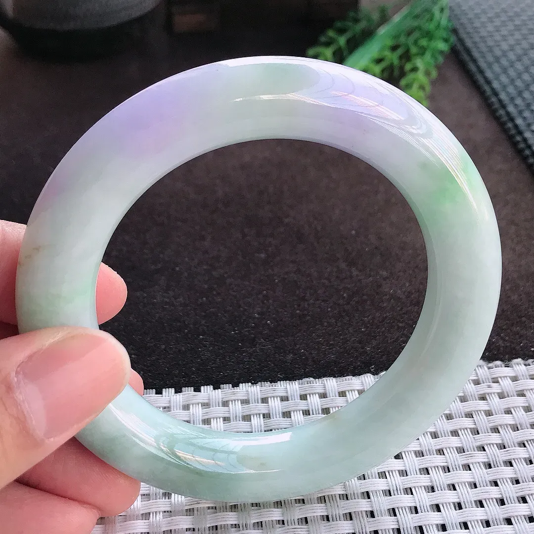 天然A货翡翠57/12.4老坑精美温润紫罗兰胖圆条手镯玉手镯