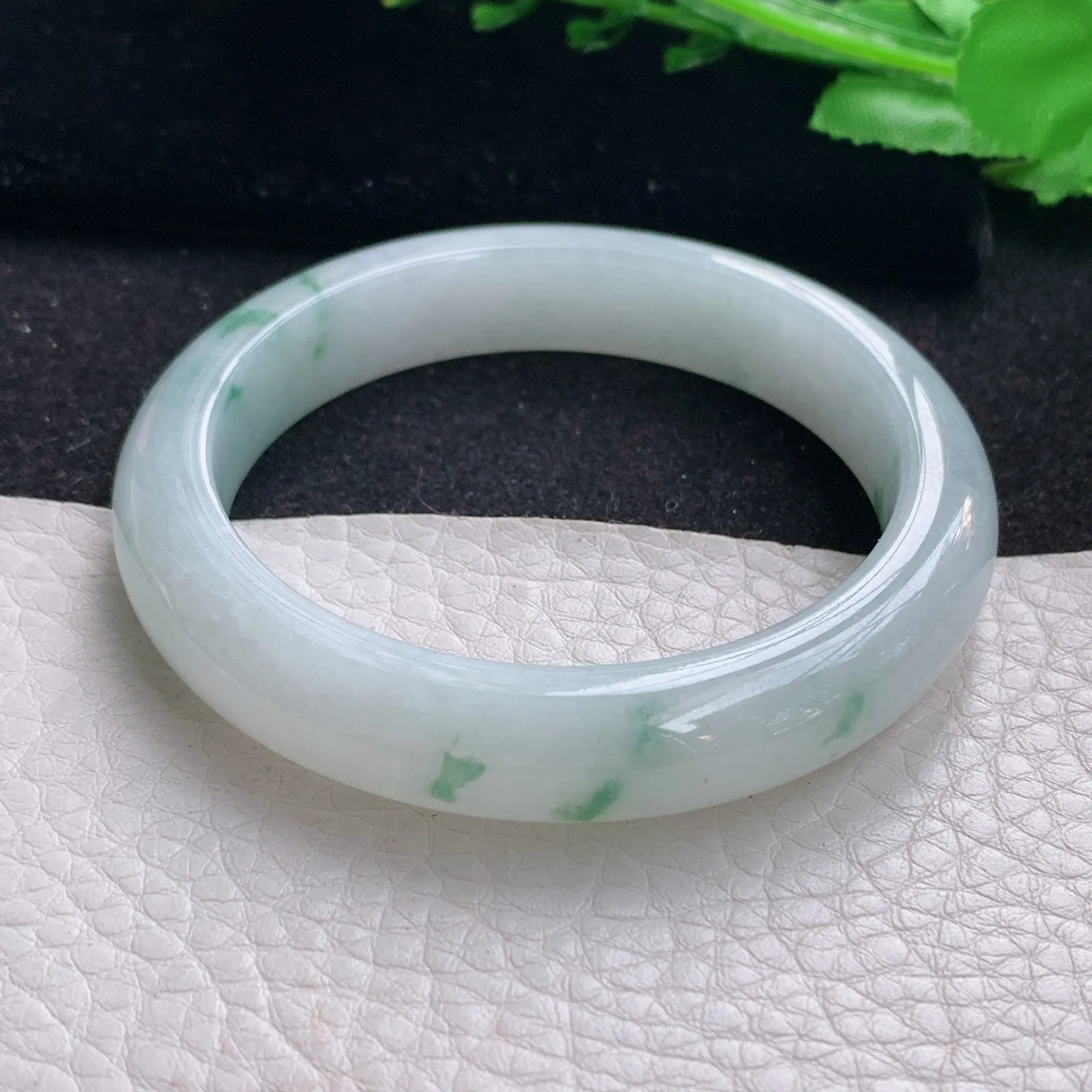 hf自然光53.5*11.3*8.5平安镯 缅甸翡翠a货玉手镯冰飘花清爽宽边玉手环