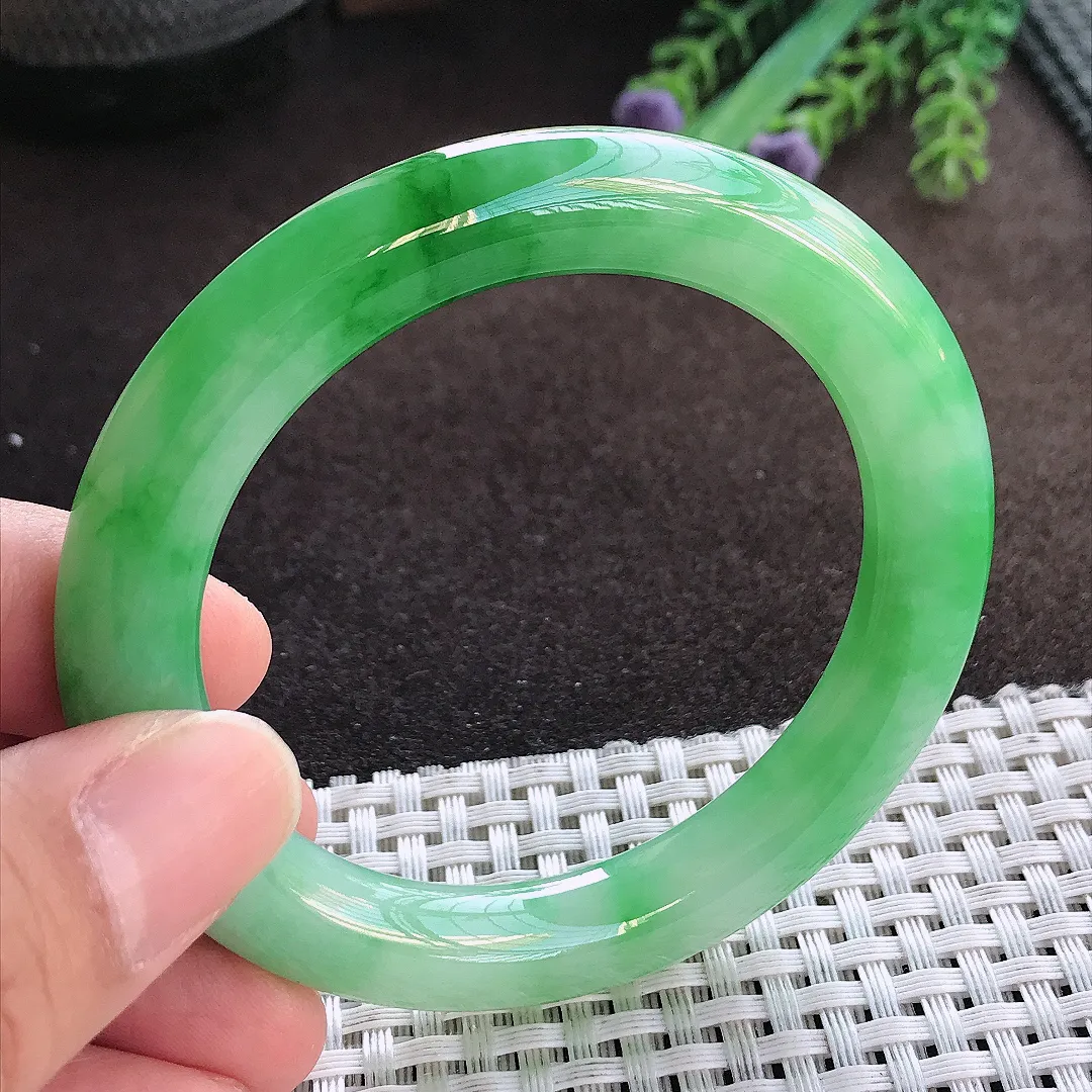 天然A货翡翠52.5/9.3/9.9老坑精美冰润辣阳绿满绿圆条手镯玉手镯