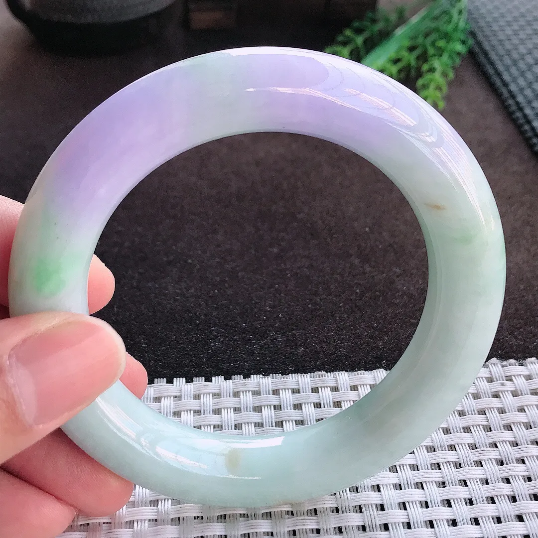 天然A货翡翠57/12.4老坑精美温润紫罗兰胖圆条手镯玉手镯