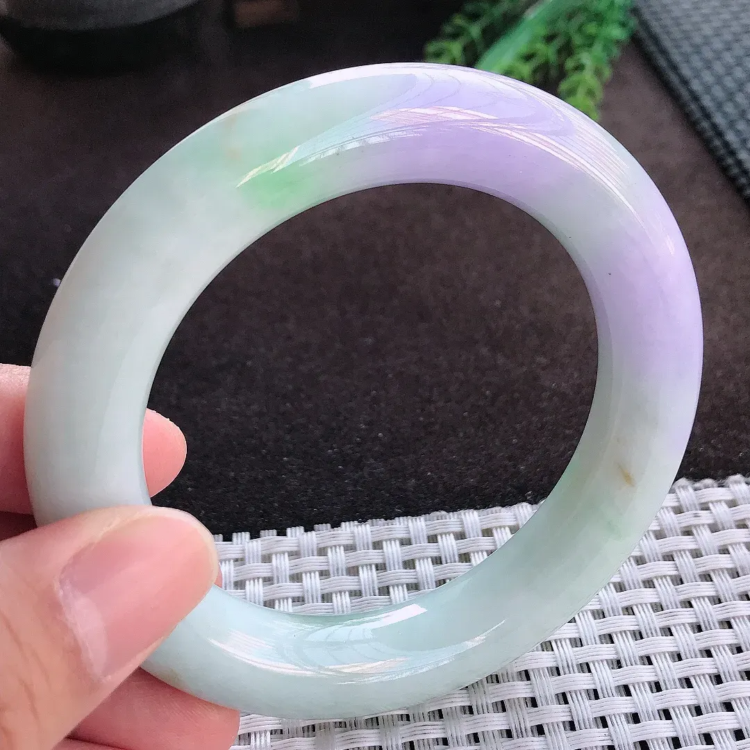 天然A货翡翠57/12.4老坑精美温润紫罗兰胖圆条手镯玉手镯