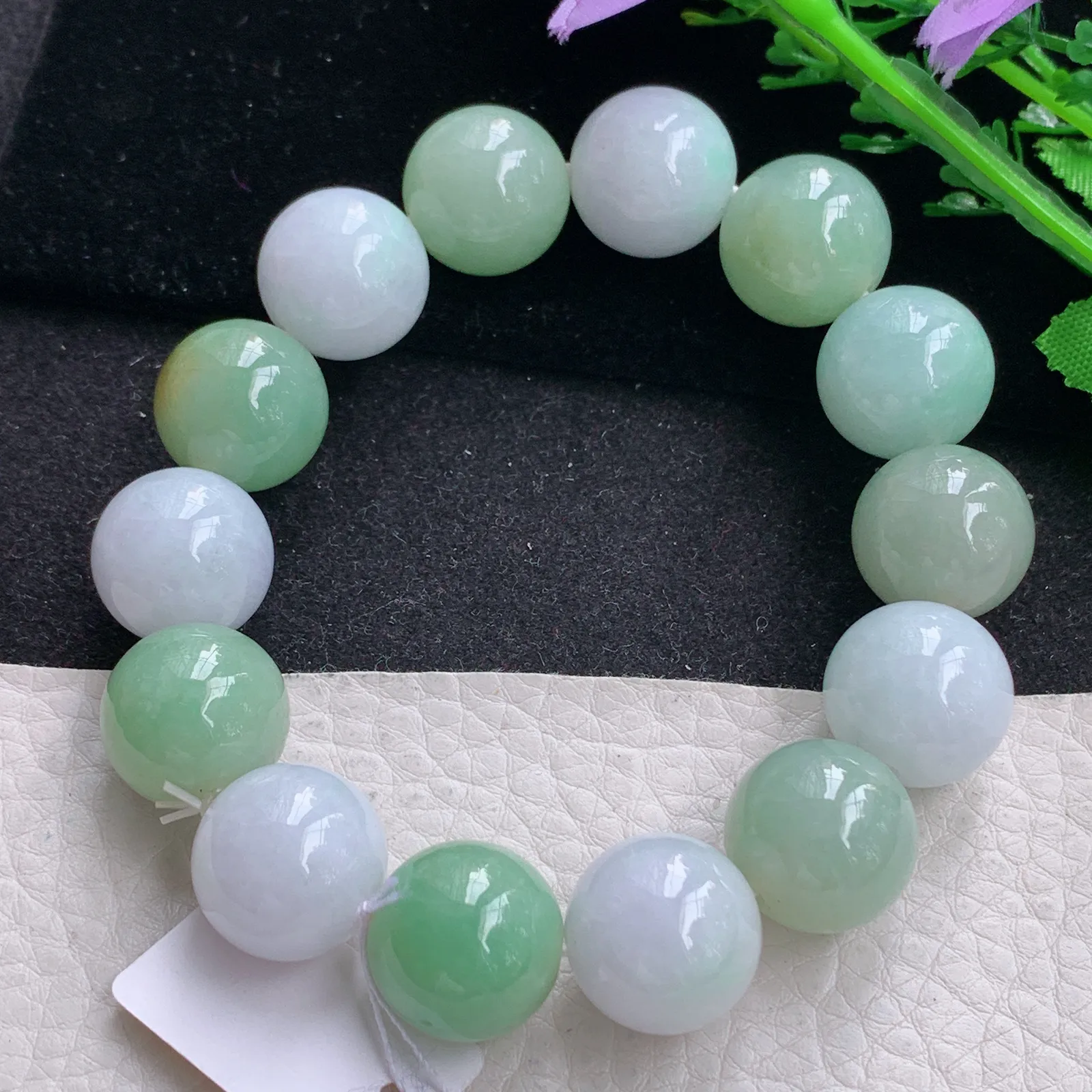 ss自然光15.4mm天然缅甸翡翠双彩大颗粒15.4mm圆珠玉手链  玉手串 14颗