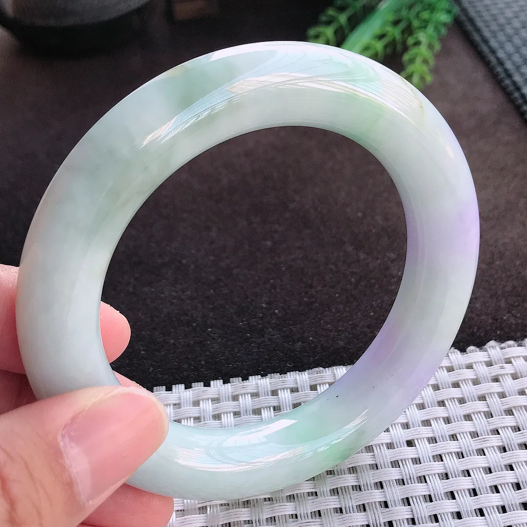 天然A货翡翠57/12.4老坑精美温润紫罗兰胖圆条手镯玉手镯