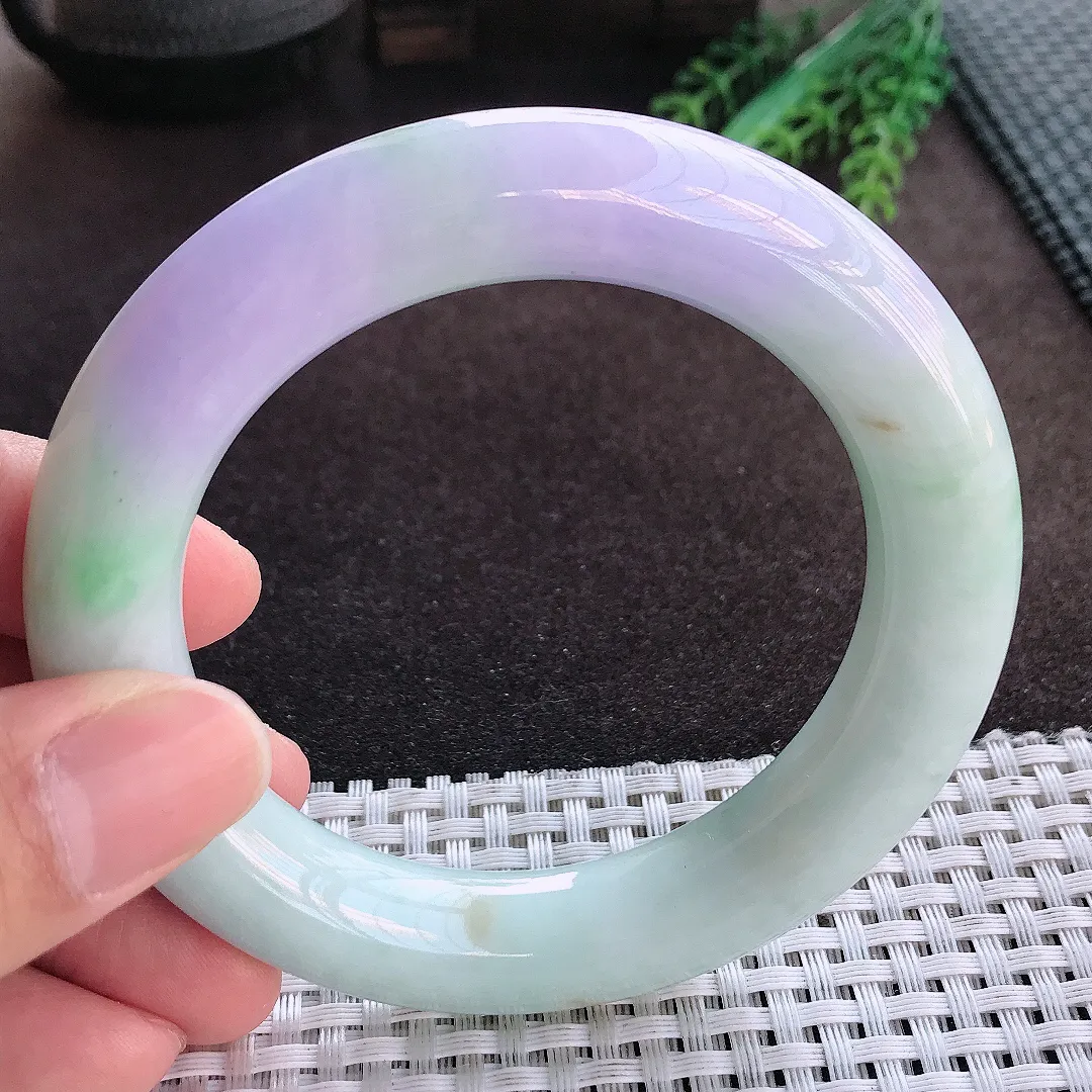 天然A货翡翠57/12.4老坑精美温润紫罗兰胖圆条手镯玉手镯