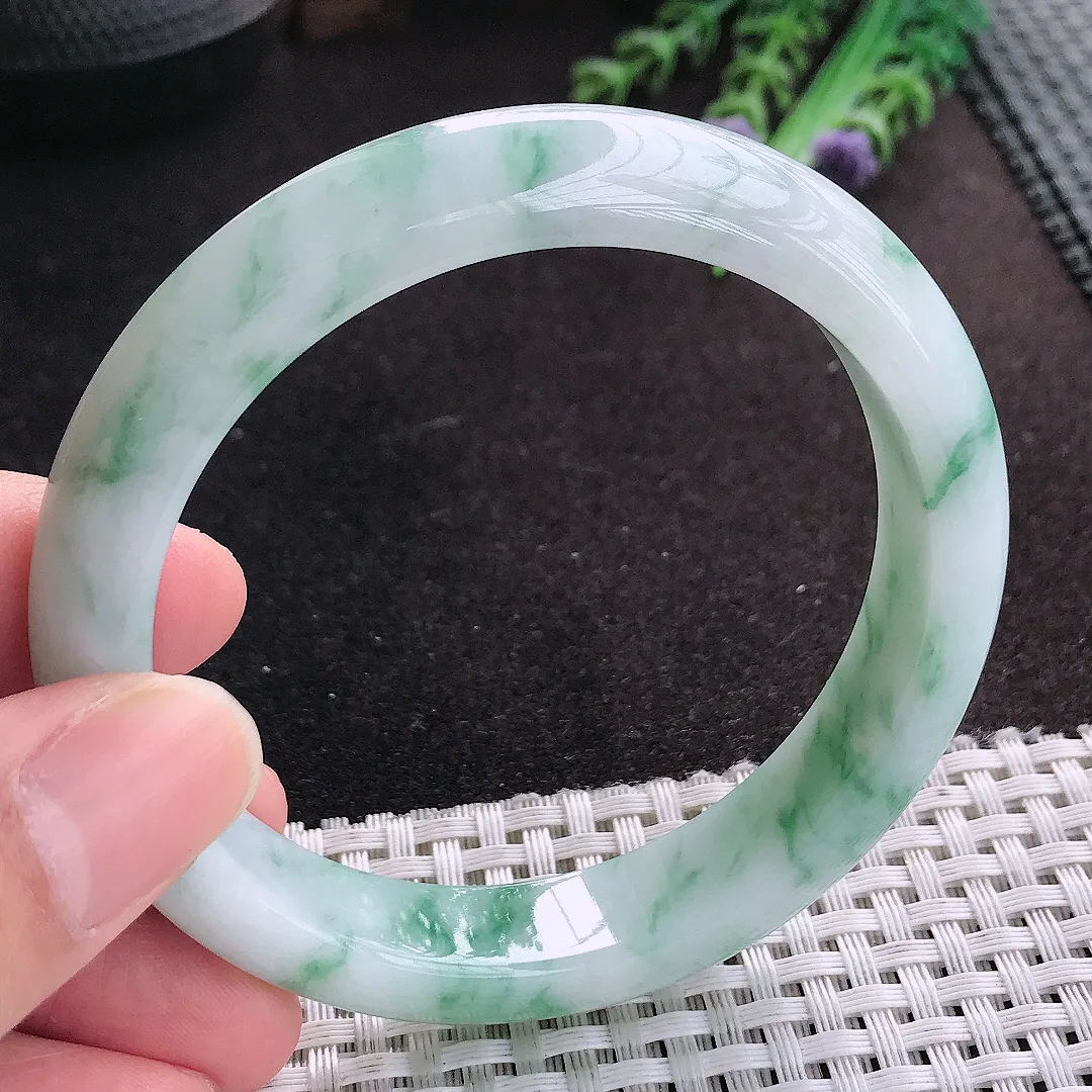 天然A货翡翠58.8/12.5/8.5老坑冰润水灵飘花手镯宽边玉手镯
