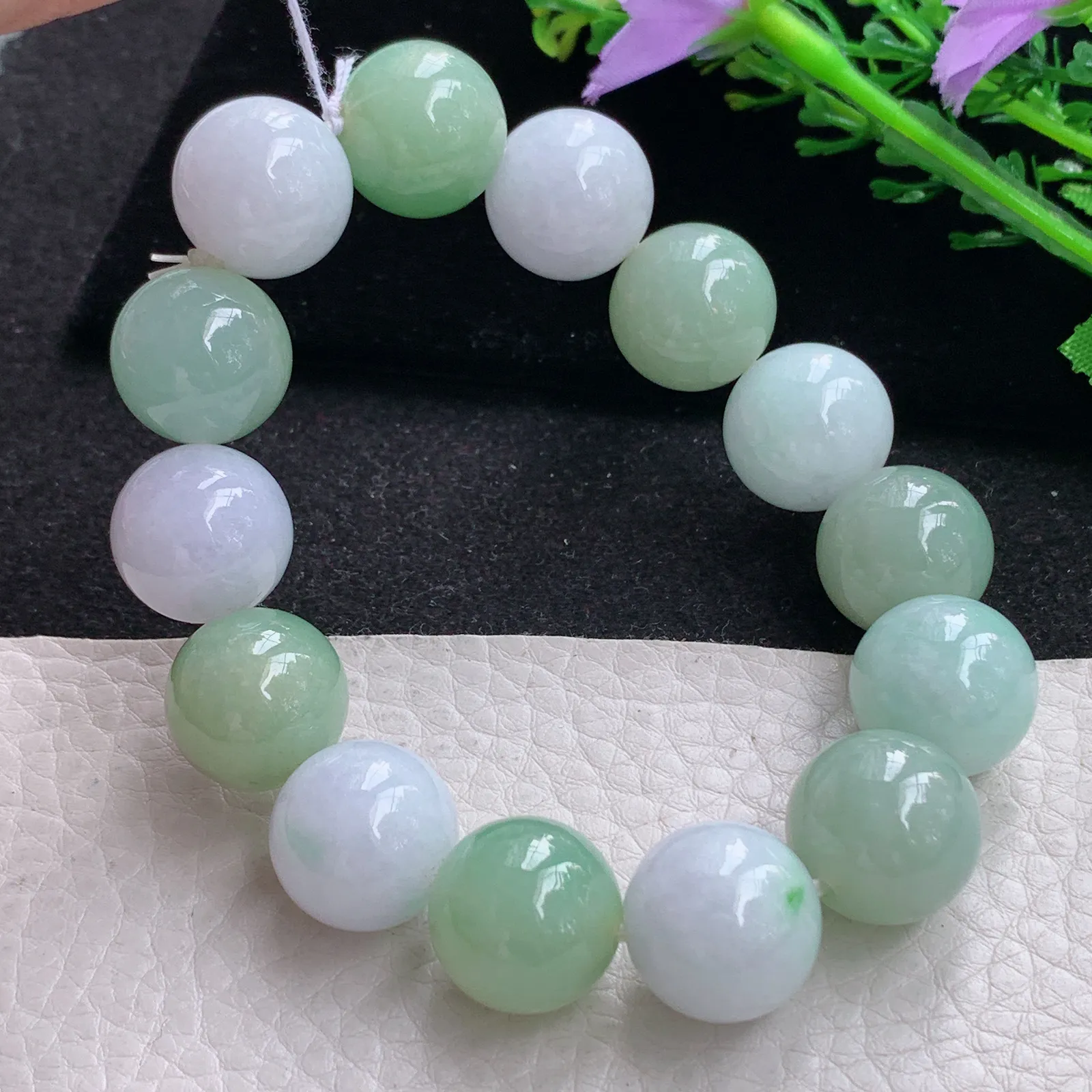 ss自然光15.4mm天然缅甸翡翠双彩大颗粒15.4mm圆珠玉手链  玉手串 14颗