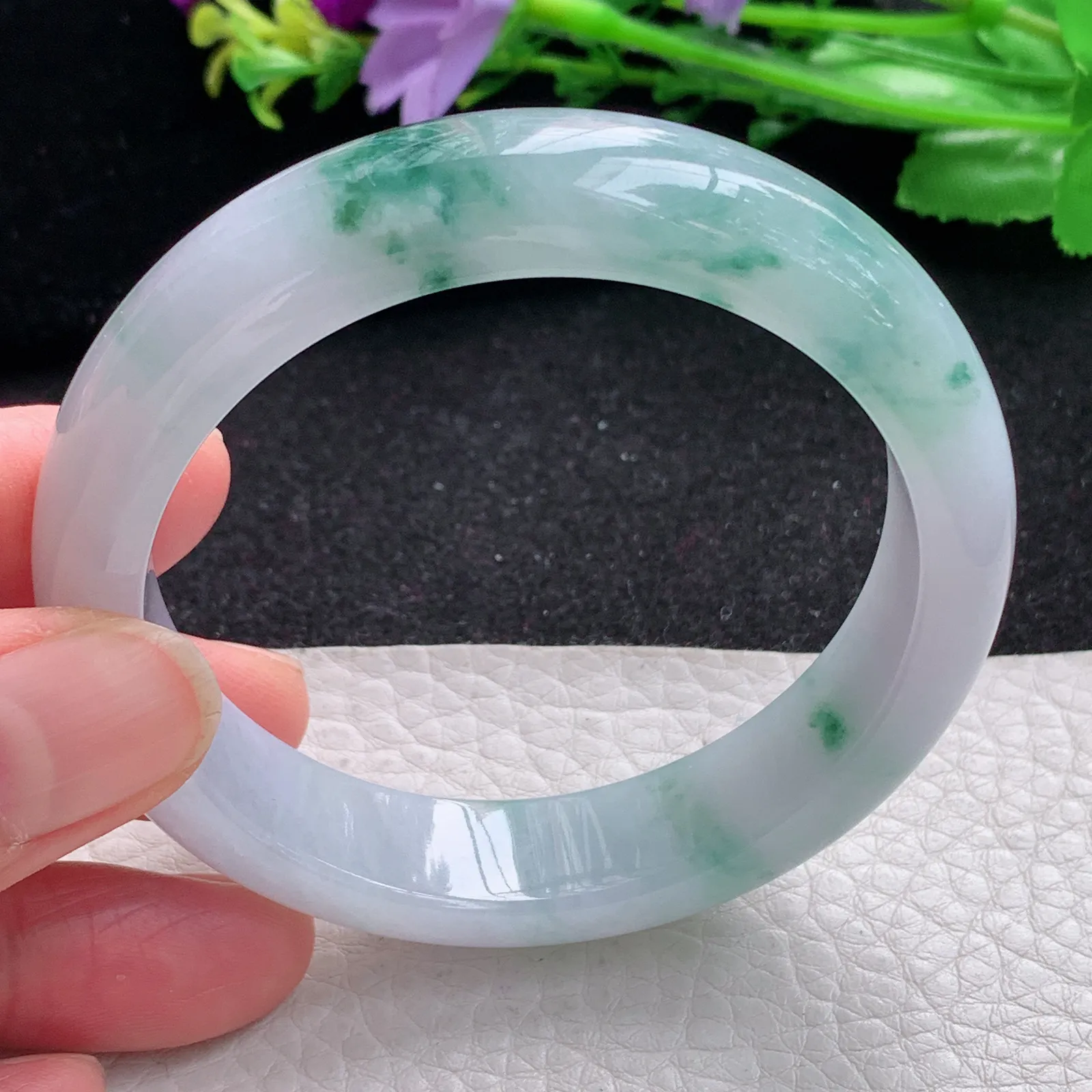 mq自然光55*13.3*8平安镯 缅甸翡翠a货玉手镯冰飘花宽边玉手环