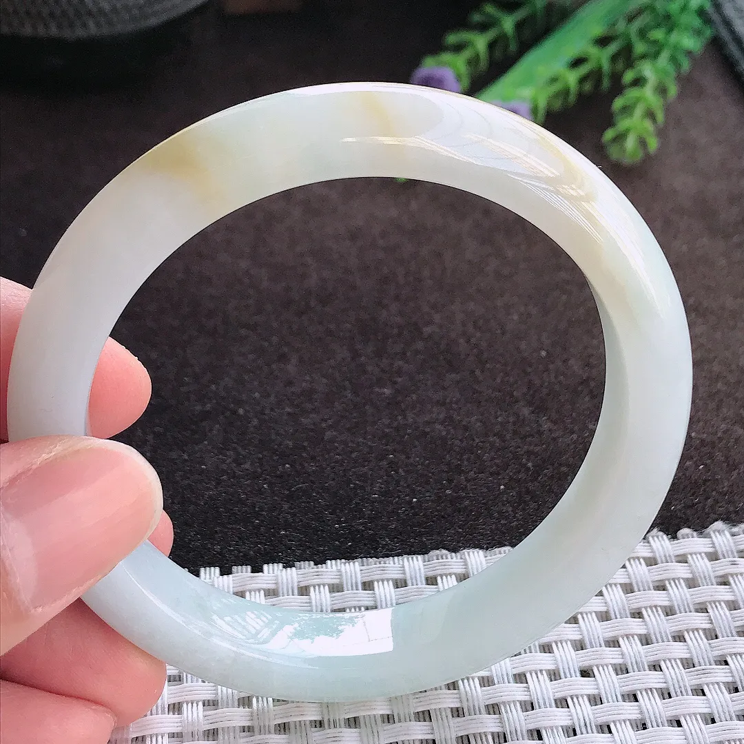 天然A货翡翠57/10.3/8.2老坑冰润特色飘黄翡手镯宽边玉手镯