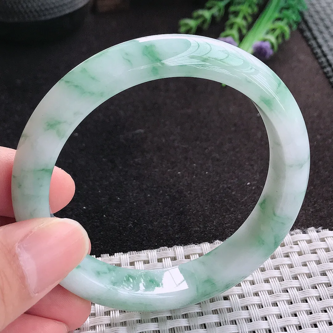 天然A货翡翠58.8/12.5/8.5老坑冰润水灵飘花手镯宽边玉手镯