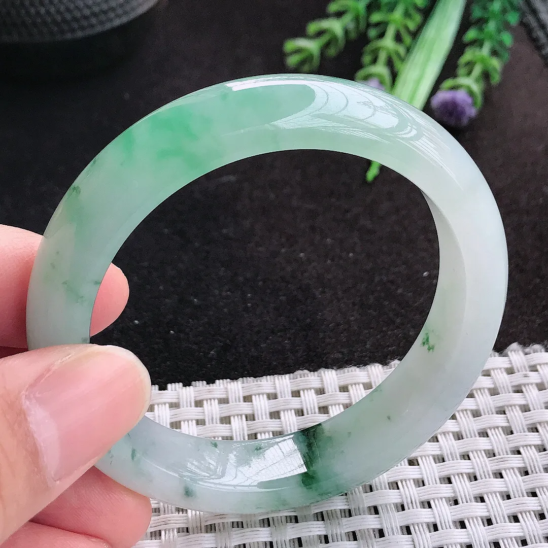 天然A货翡翠52/12.3/8.2老坑冰胶果冻冰飘花手镯宽边玉手镯