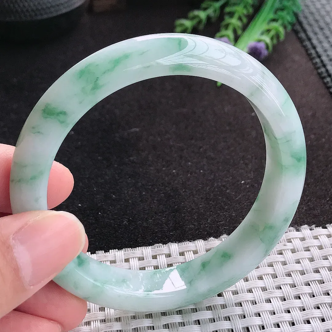 天然A货翡翠58.8/12.5/8.5老坑冰润水灵飘花手镯宽边玉手镯