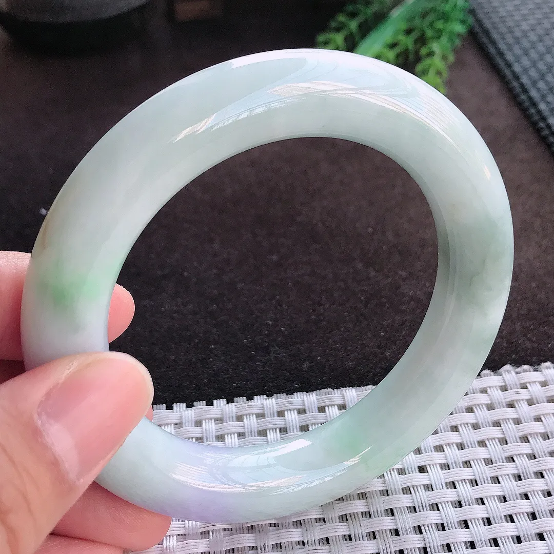 天然A货翡翠57/12.4老坑精美温润紫罗兰胖圆条手镯玉手镯