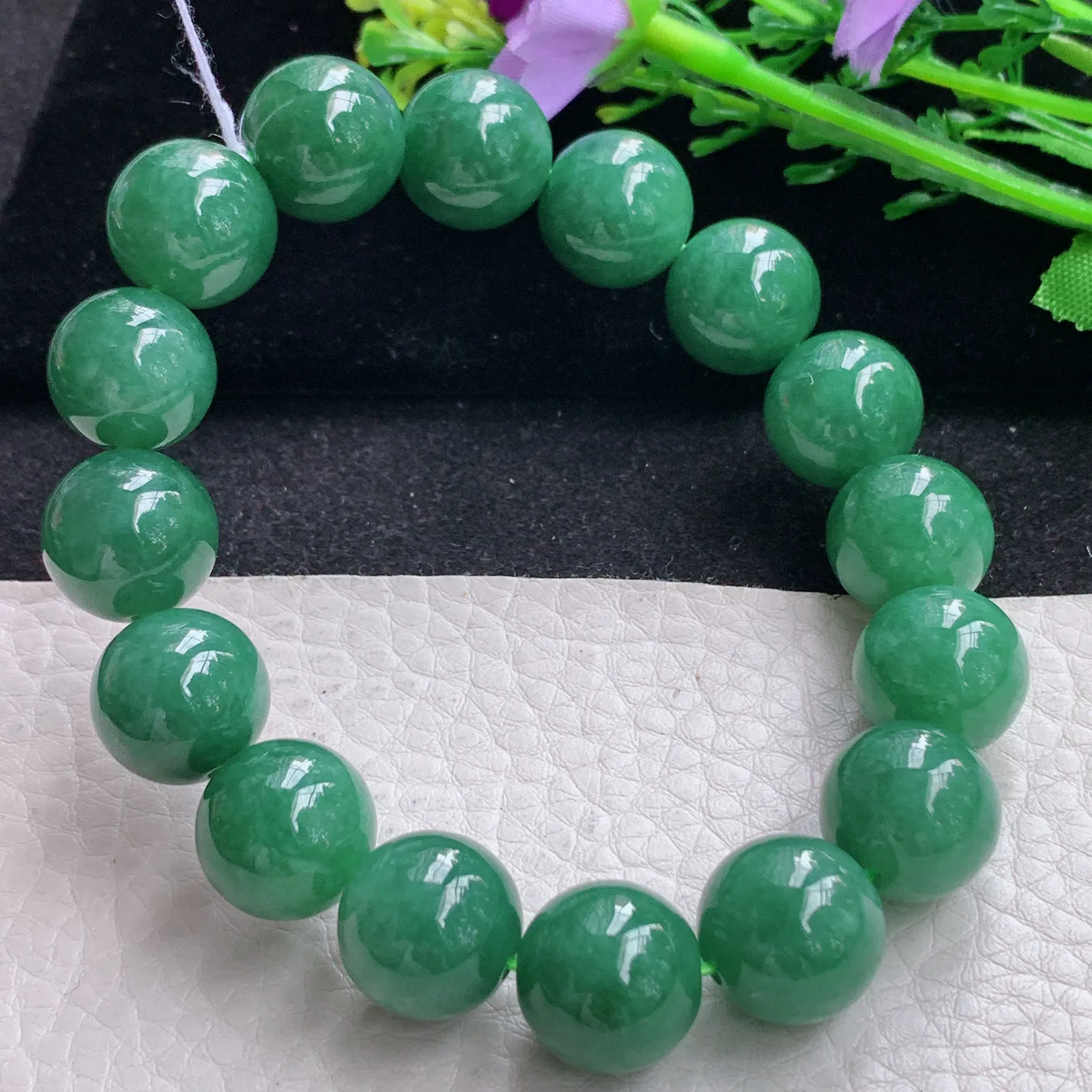 ss自然光14mm天然缅甸翡翠a货满绿水润圆珠玉手链  玉手串 16颗