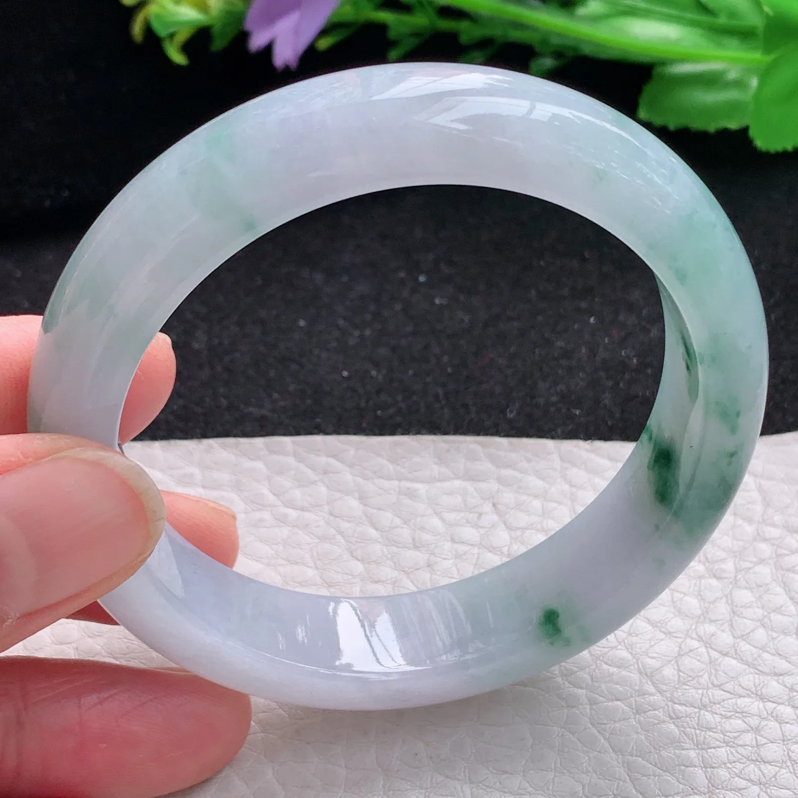 mq自然光55*13.3*8平安镯 缅甸翡翠a货玉手镯冰飘花宽边玉手环