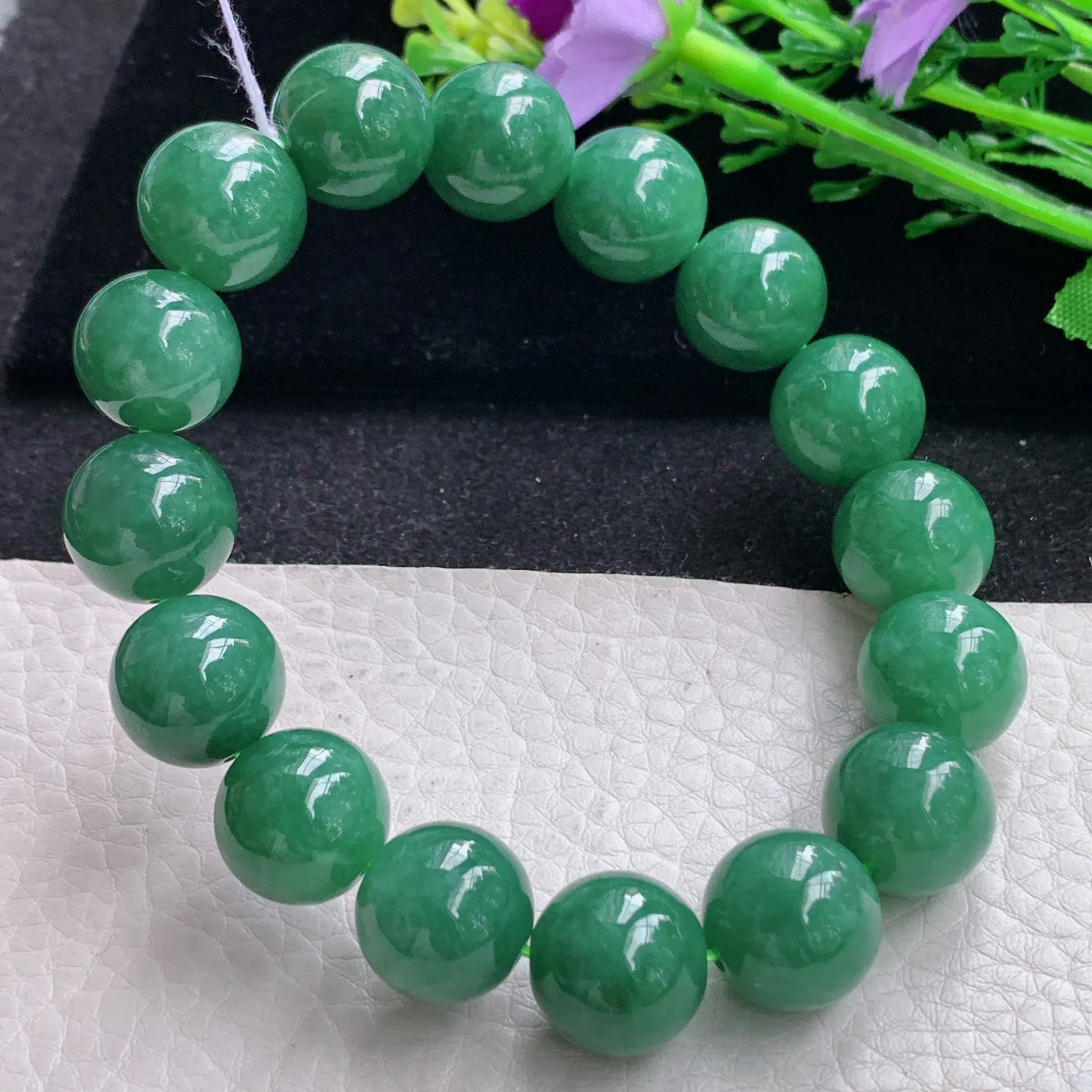 ss自然光14mm天然缅甸翡翠a货满绿水润圆珠玉手链  玉手串 16颗