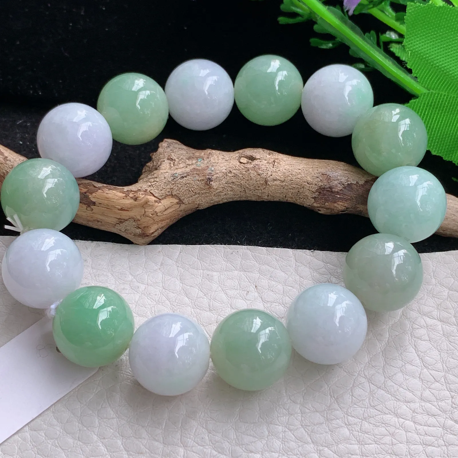 ss自然光15.4mm天然缅甸翡翠双彩大颗粒15.4mm圆珠玉手链  玉手串 14颗