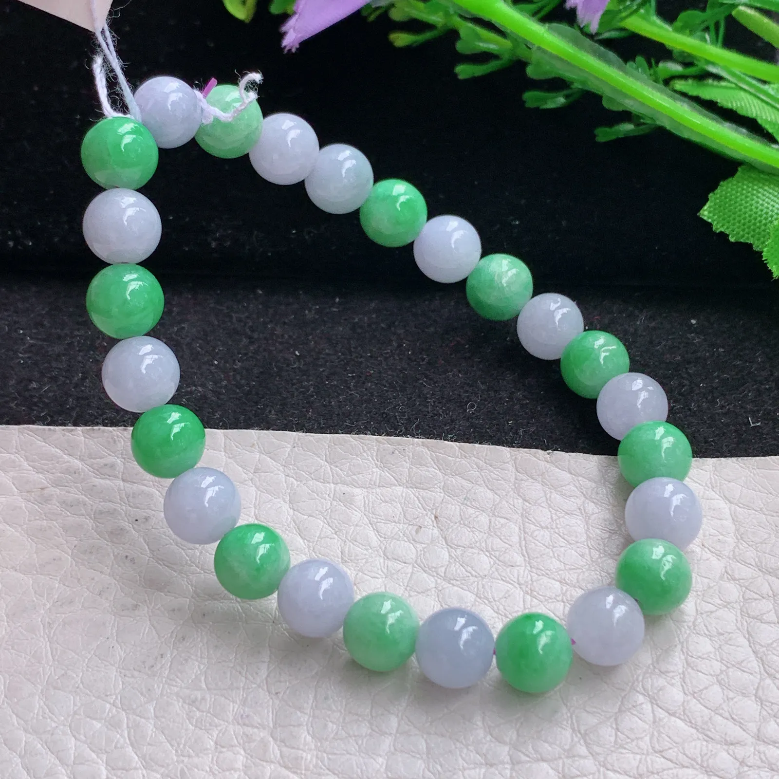 ss自然光7.7mm天然缅甸翡翠a货紫加绿别致圆珠玉手链  玉手串 25颗