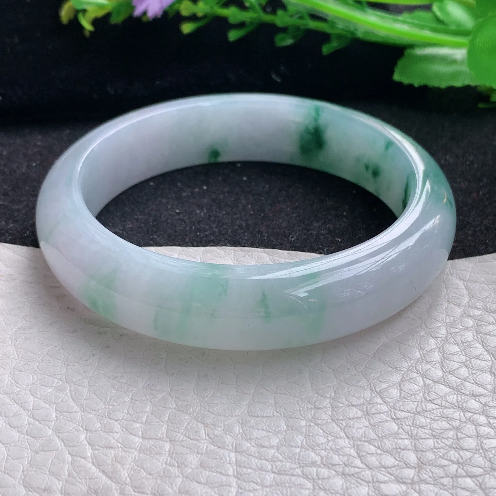 mq自然光55*13.3*8平安镯 缅甸翡翠a货玉手镯冰飘花宽边玉手环