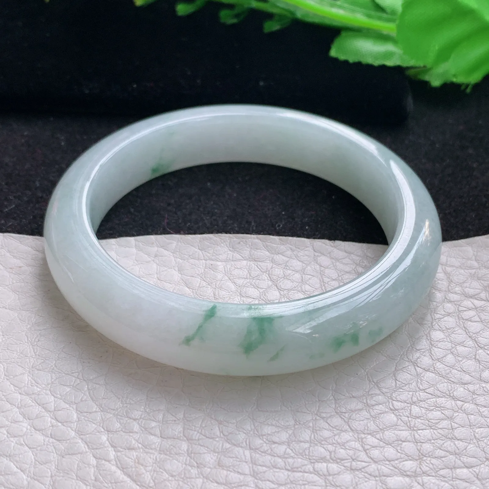 hf自然光53.5*11.3*8.5平安镯 缅甸翡翠a货玉手镯冰飘花清爽宽边玉手环