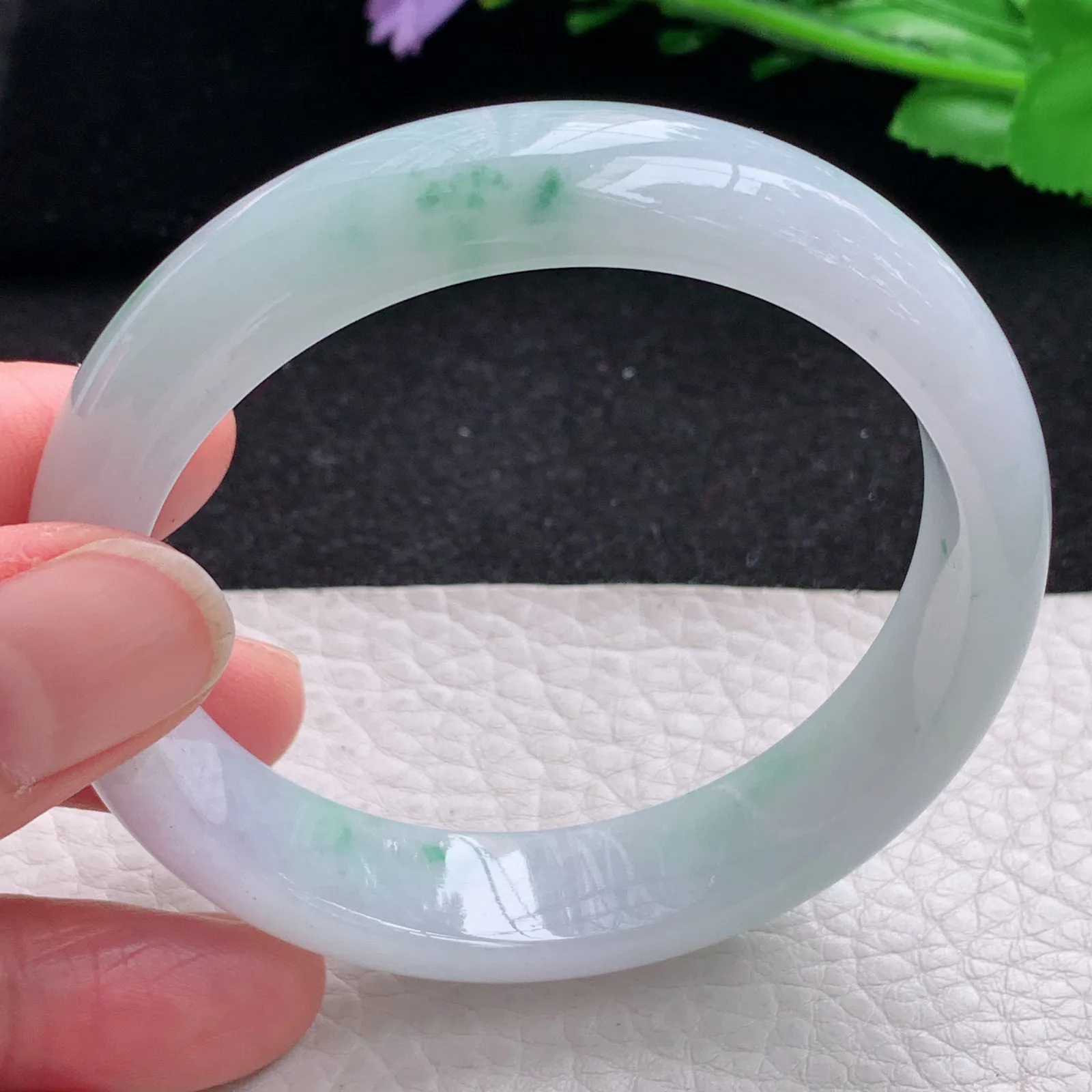 yh自然光56.5*13.3*7.2平安镯 缅甸翡翠a货玉手镯冰飘花宽边玉手环